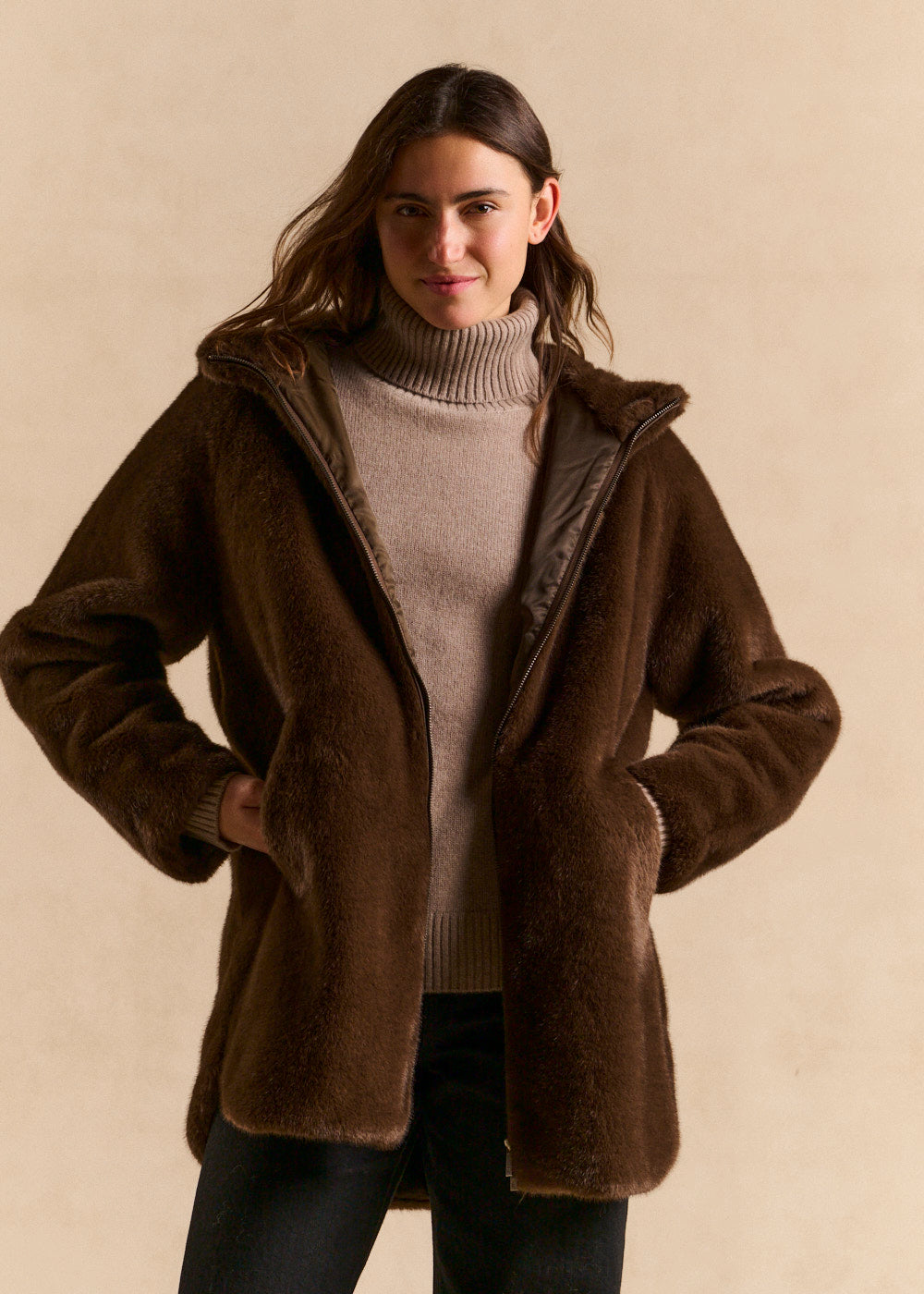 MANILLE Long hooded faux fur coat - 1 - Sud Express - Sud Express