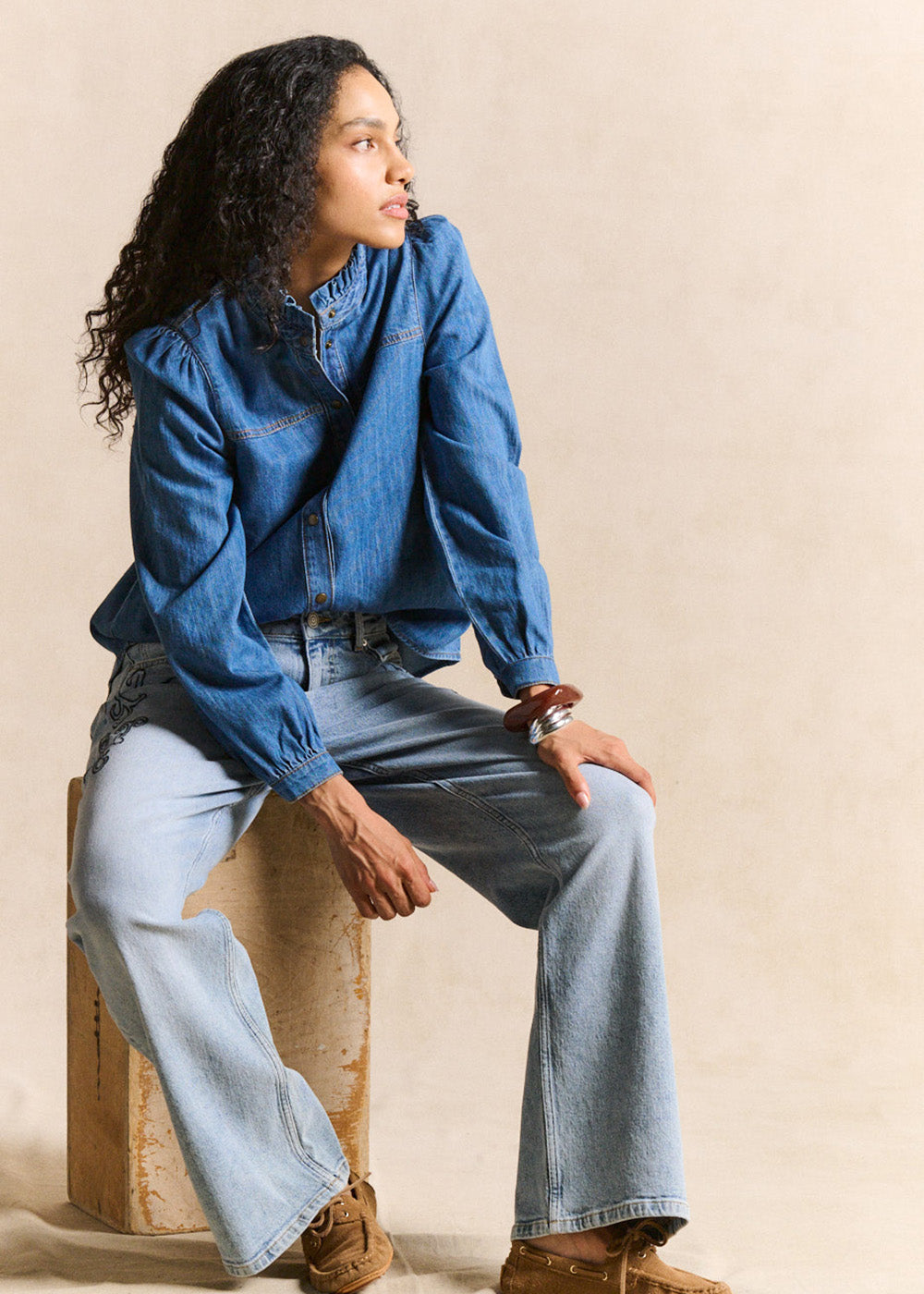 Denim shirt ruffled collar – Sud Express