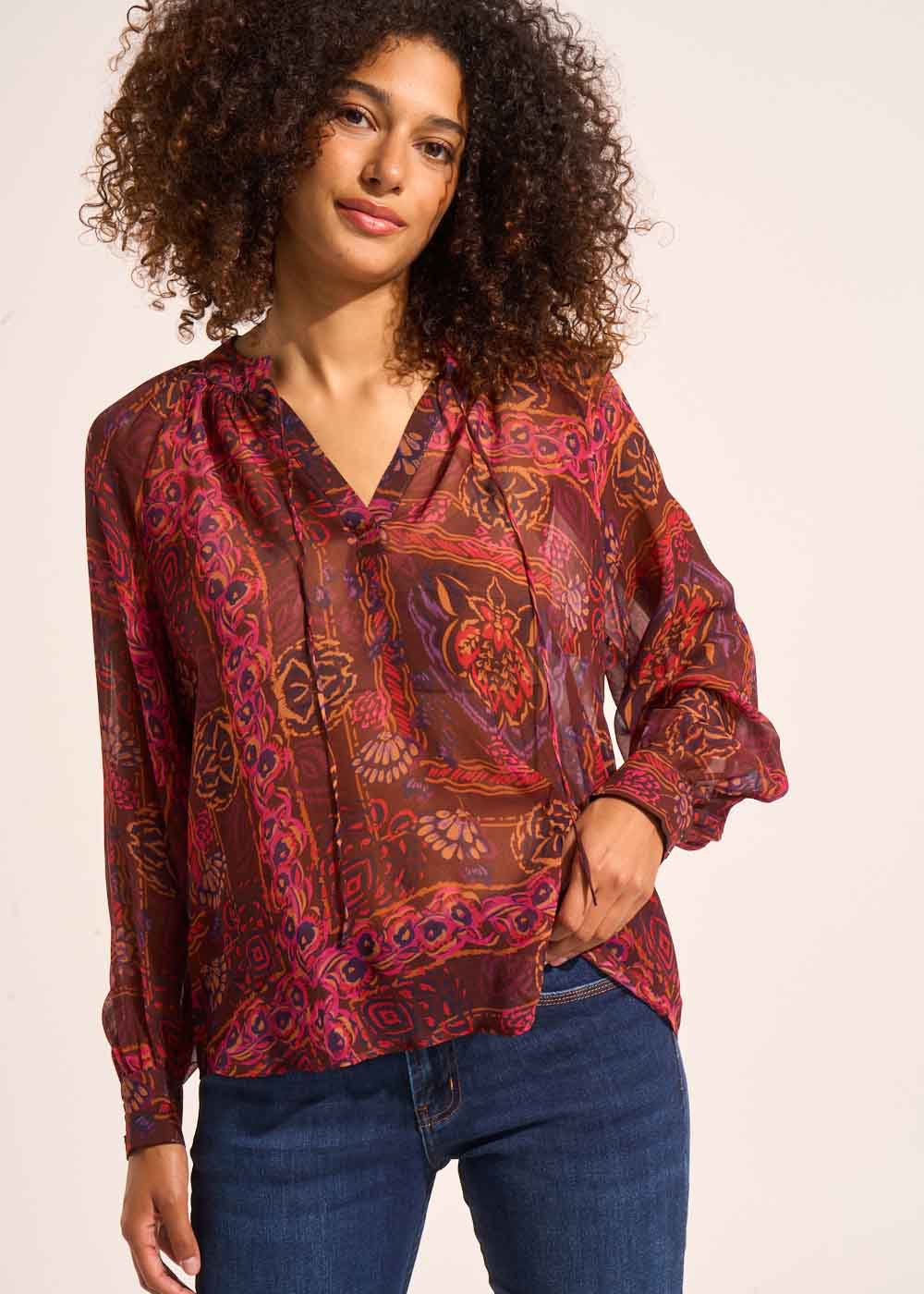 Printed flowing blouse with long puffed sleeves - Sud Express - 1 - Sud Express