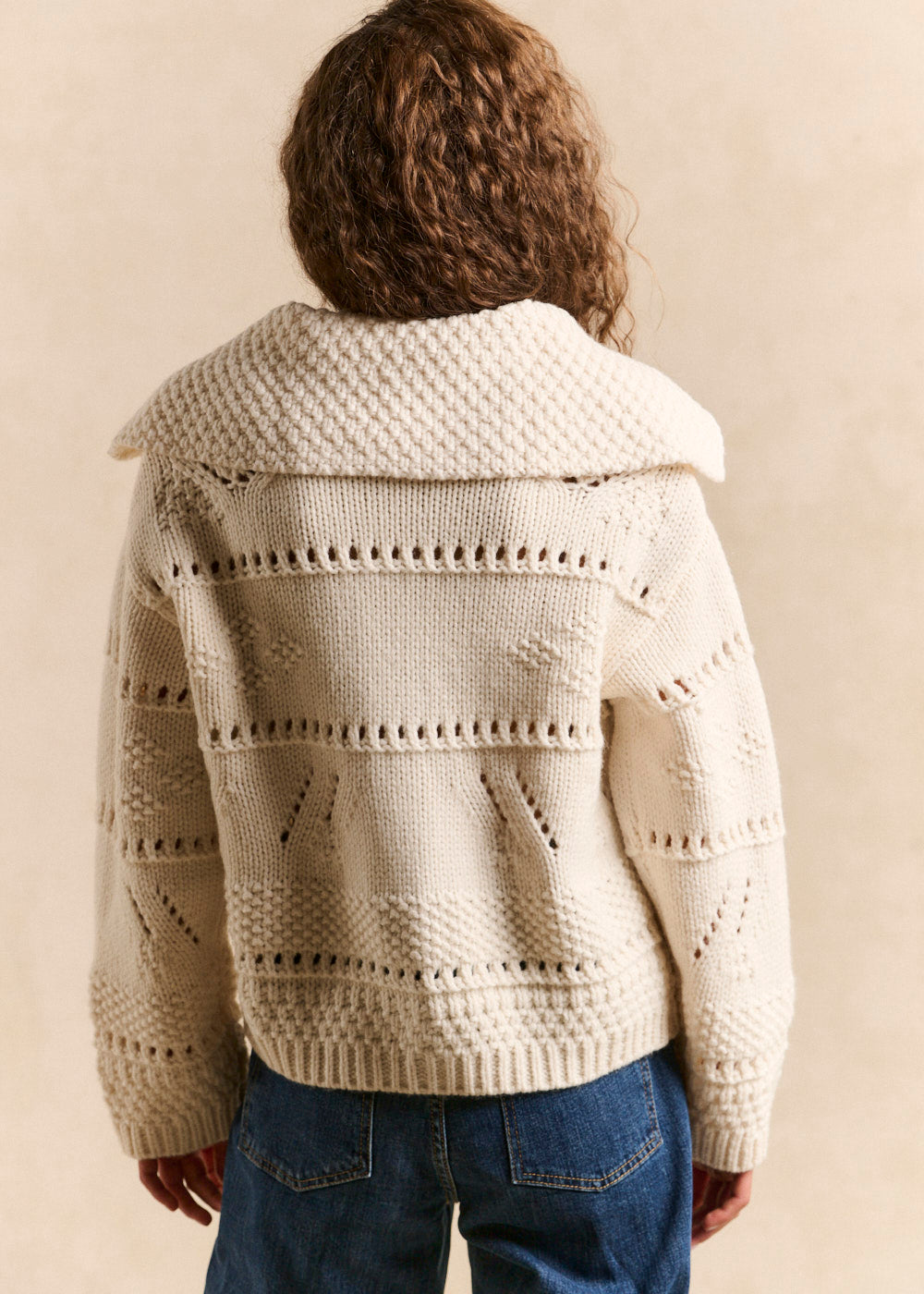 Floral jacquard cardigan with oversized collar - Sud Express - 3 - Sud Express