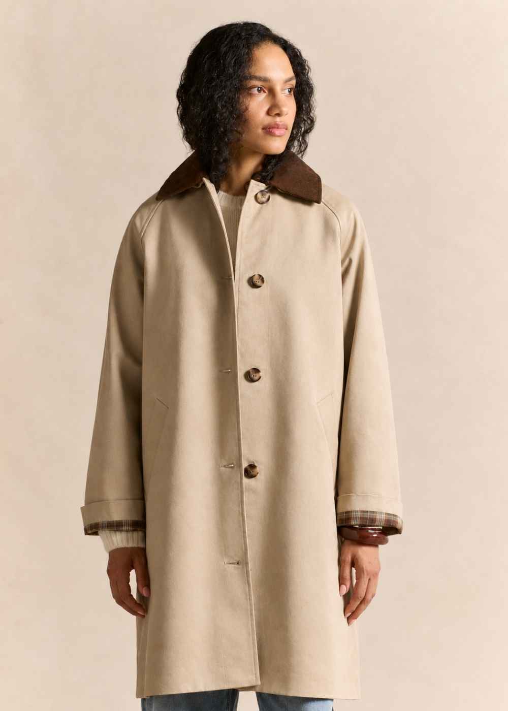 Twill trench coat with detachable velvet collar - Sud Express - 5 - Sud Express