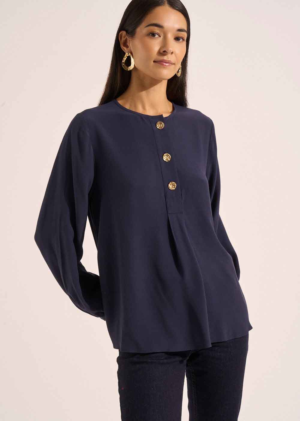 Blouse with long puff sleeves and round neckline - Sud Express - 1 - Sud Express