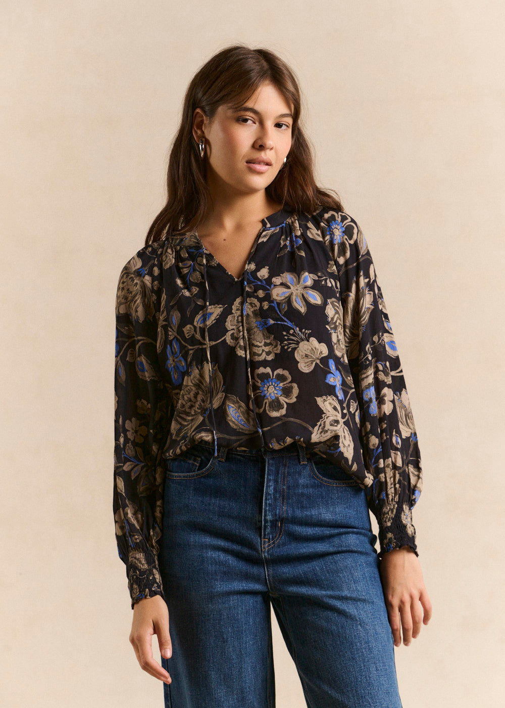 Floral print top with officer collar - Sud Express - 1 - Sud Express