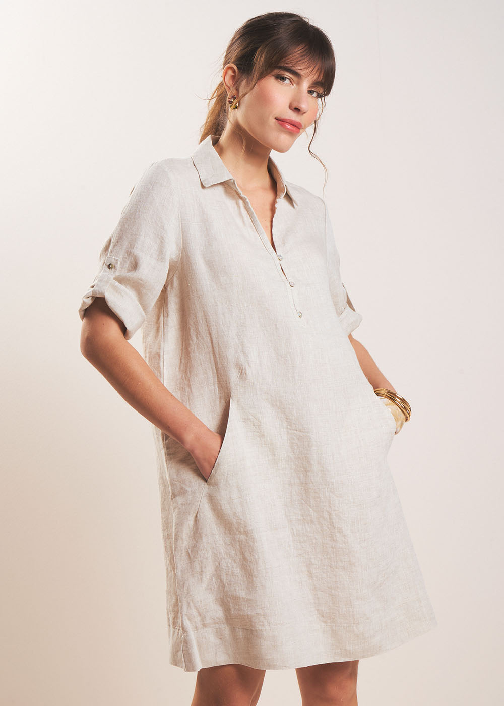 Short linen dress with shirt collar - Sud Express - 5 - Sud Express
