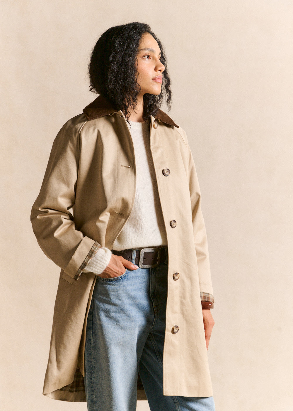 Twill trench coat with detachable velvet collar - Sud Express - 1 - Sud Express