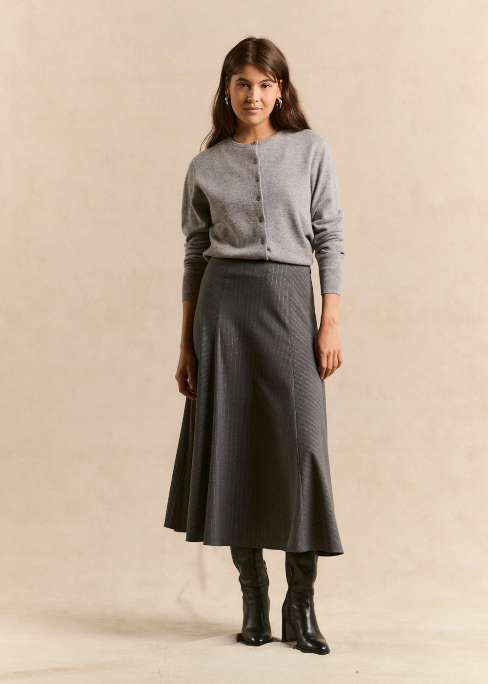 Long flared skirt in grey lurex - Sud Express - 1 - Sud Express