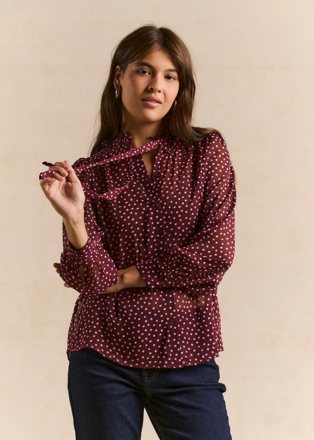 Polka dot printed blouse with ruffled collar - Sud Express - 1 - Sud Express