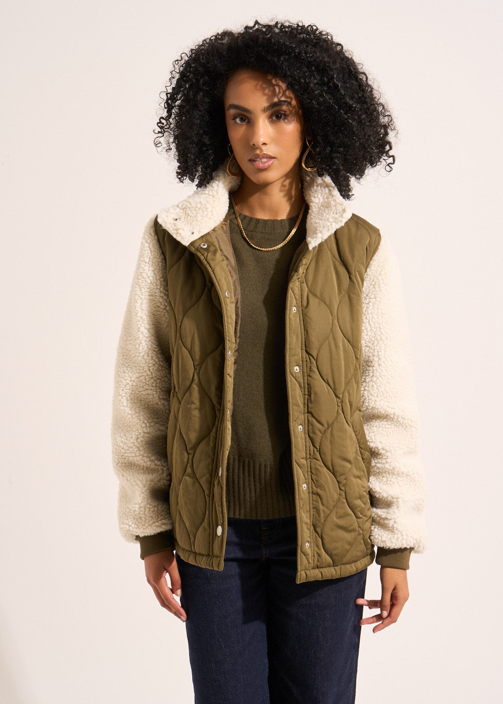 Quilted down jacket with faux fur sleeves - Sud Express - 1 - Sud Express