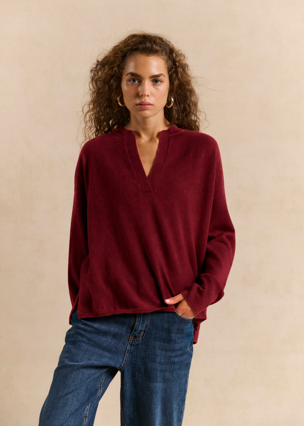 Loose-fitting cashmere jumper with a Tunisian collar - Sud Express - 1 - Sud Express