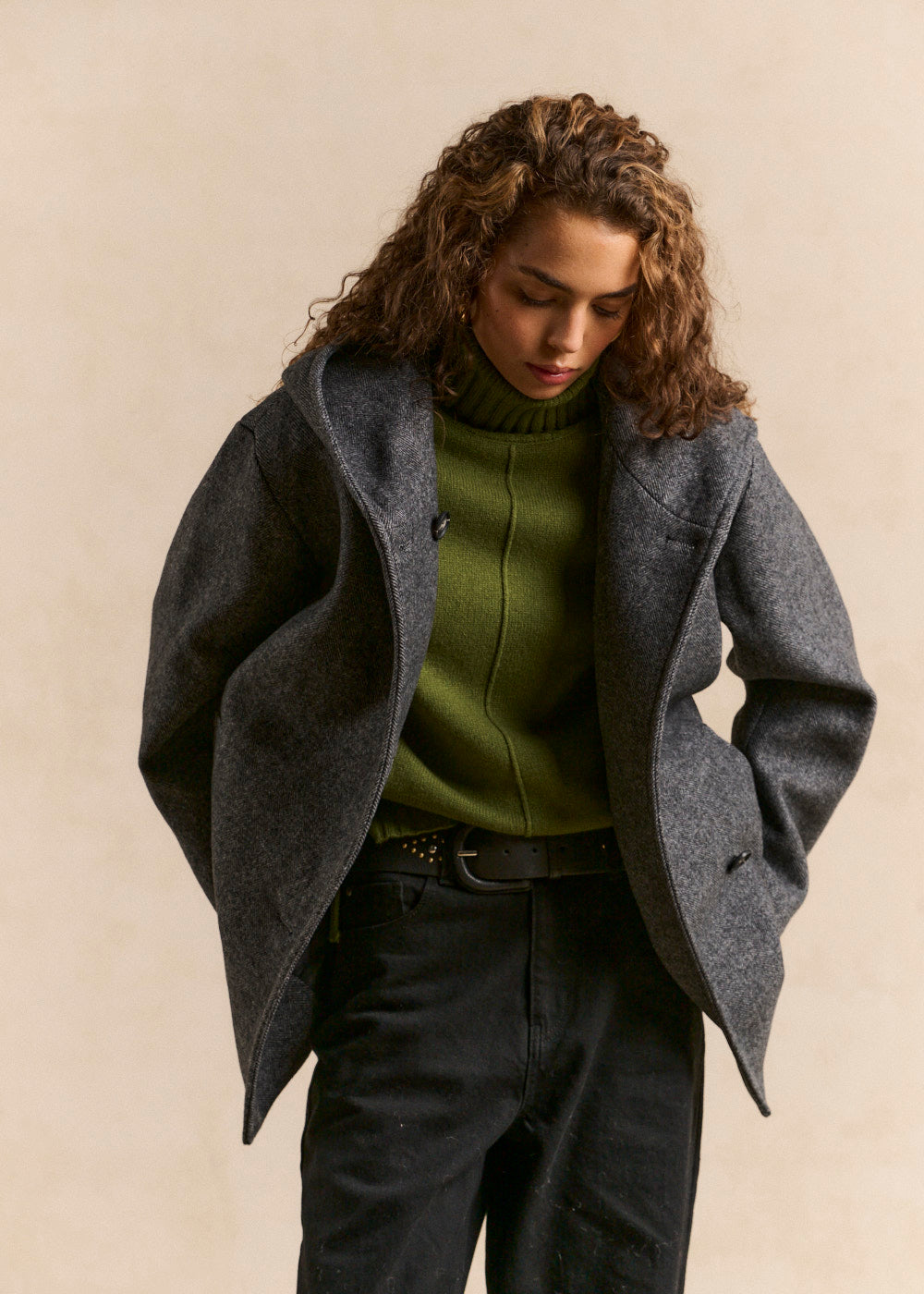 Hooded herringbone wool-blend coat - Sud Express - 5 - Sud Express