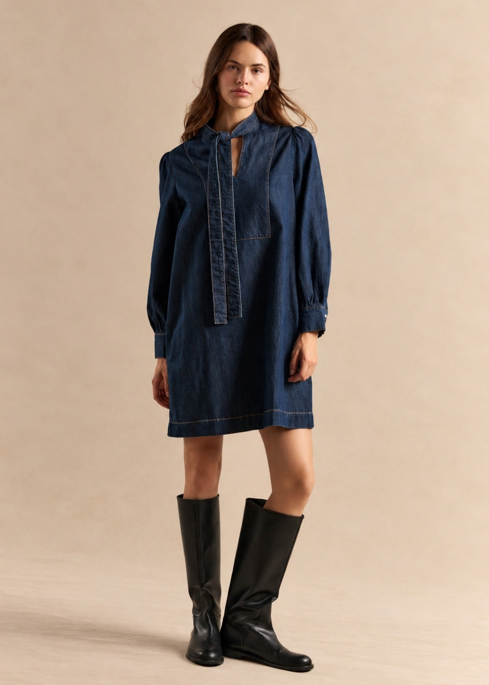 RALINIA Short denim dress with a bow - 1 - Sud Express - Sud Express