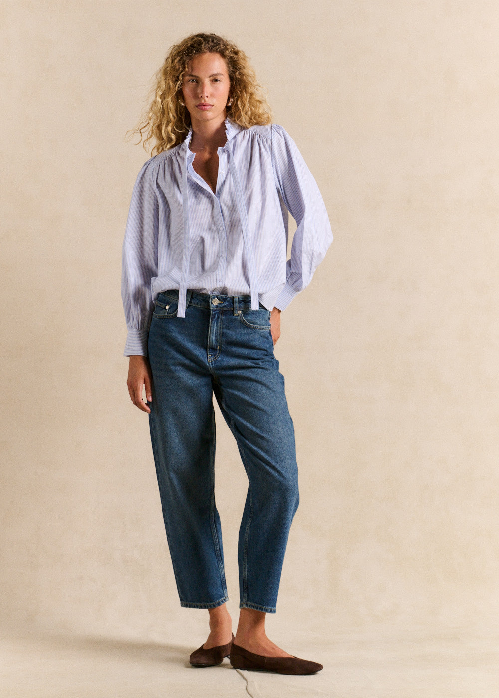 Blue and white striped blouse with Victorian collar - Sud Express - 5 - Sud Express