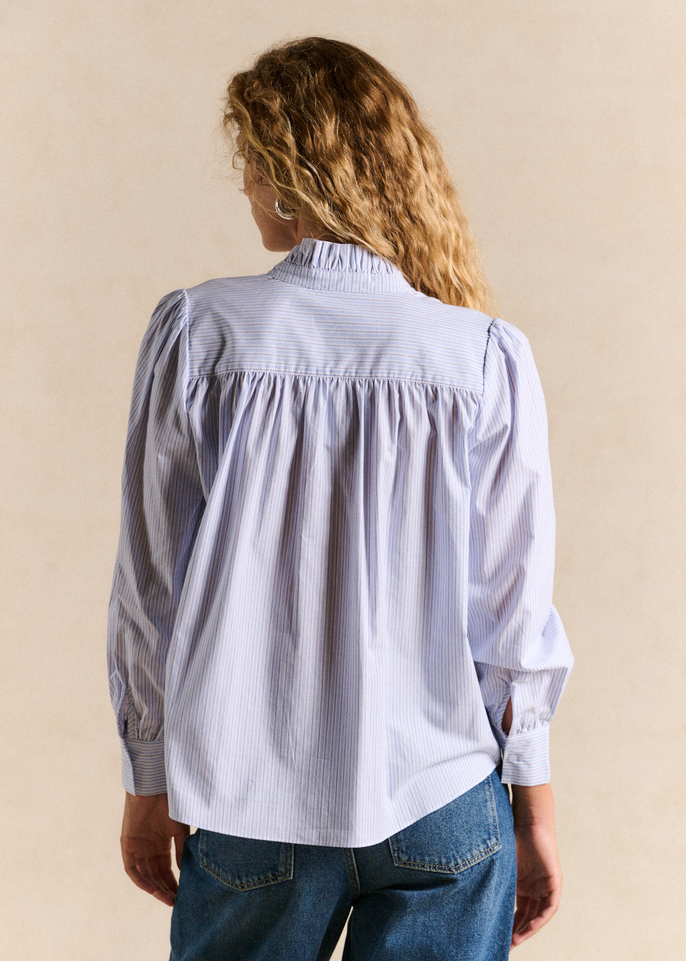 Blue and white striped blouse with Victorian collar - Sud Express - 3 - Sud Express