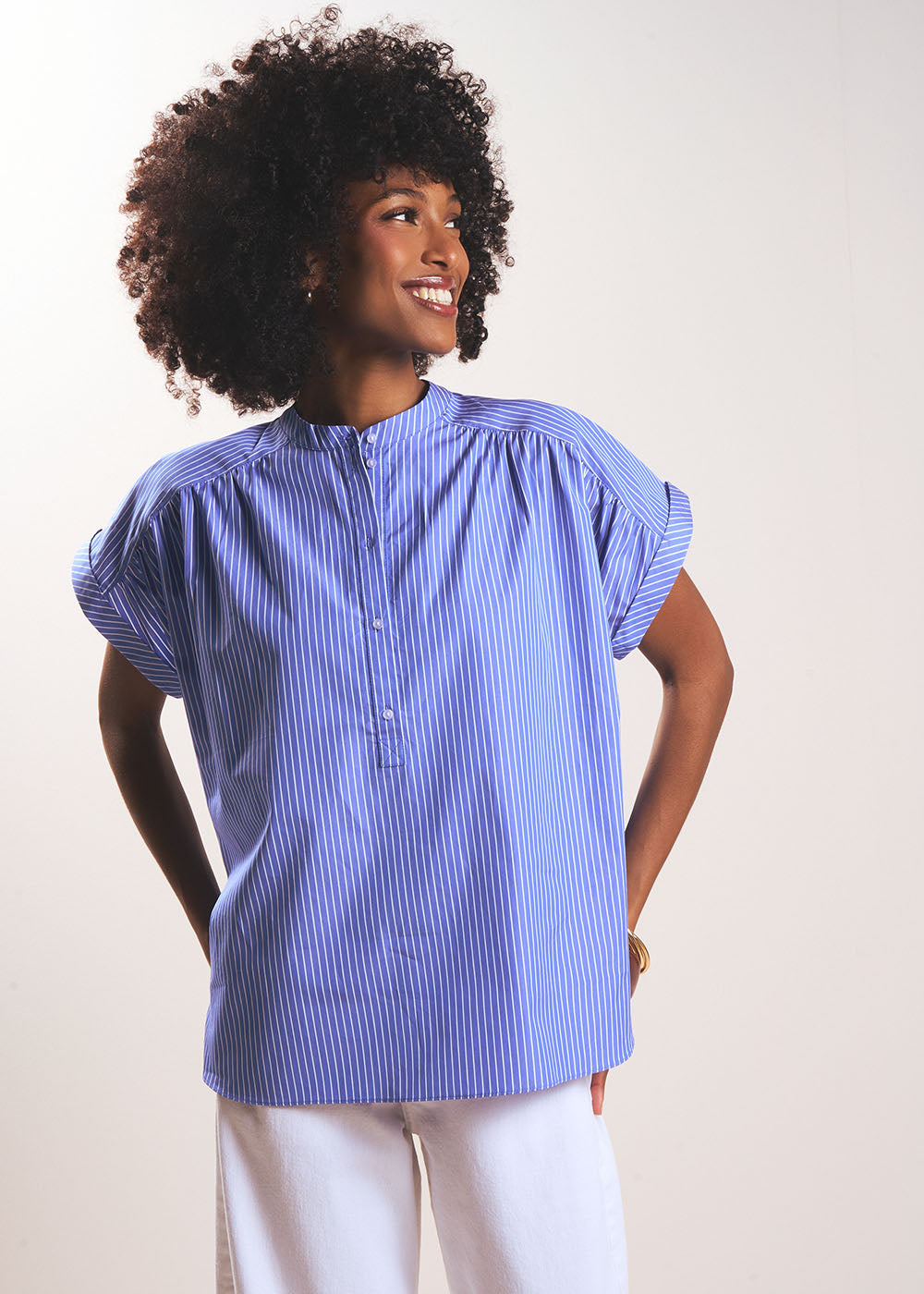 Short-sleeved striped shirt with mandarin collar - Sud Express - 5 - Sud Express