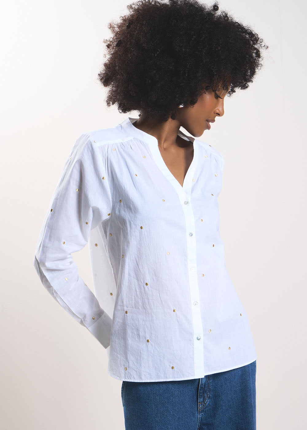 Blouse with gold polka dots and tunisian collar - Sud Express - 7 - Sud Express
