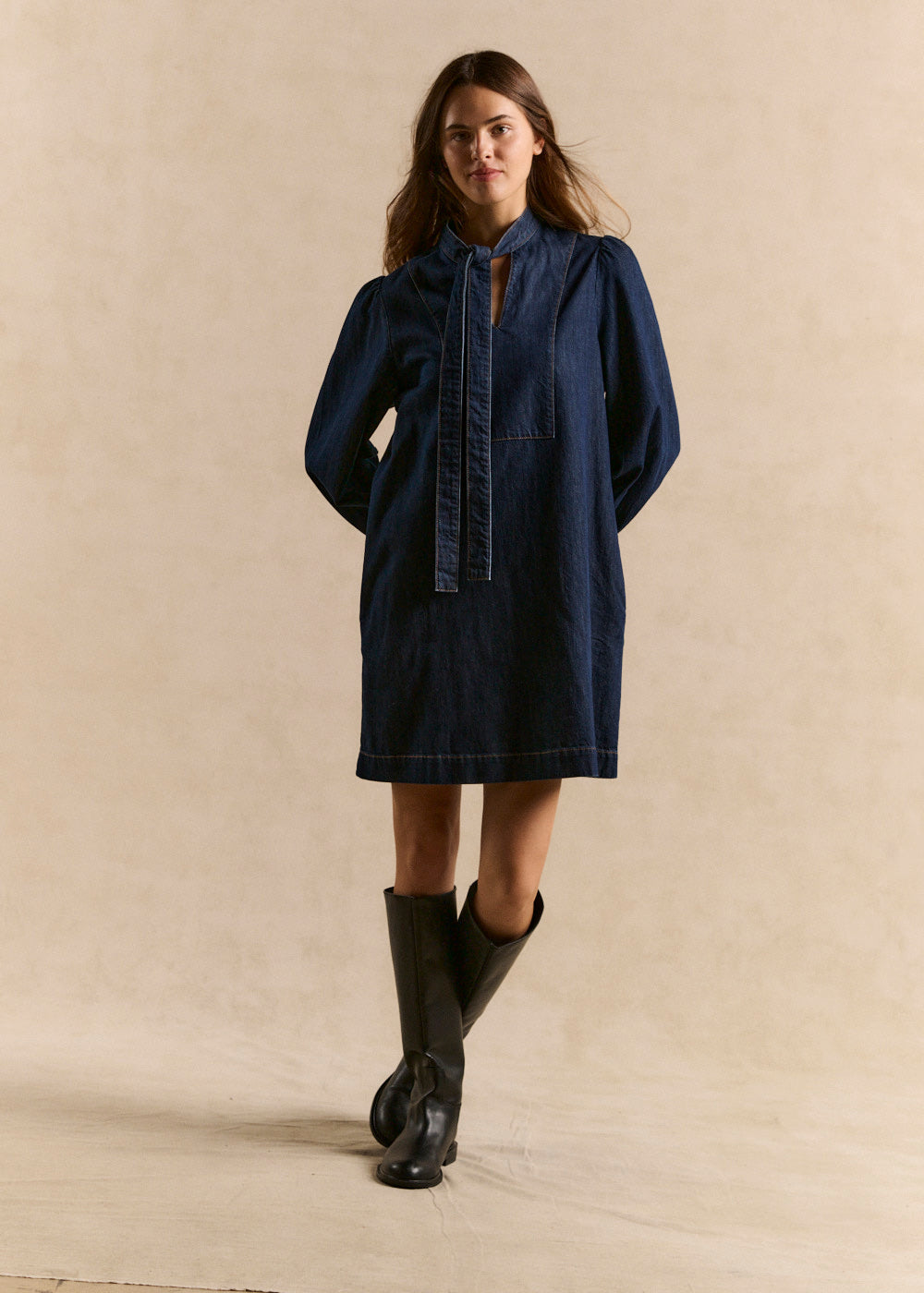 Short denim dress with a bow - Sud Express - 1 - Sud Express