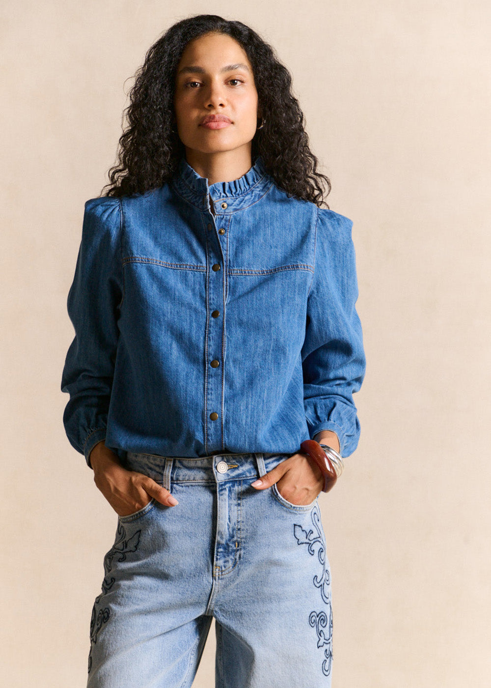 COLUA Denim shirt ruffled collar - 1 - Sud Express - Sud Express