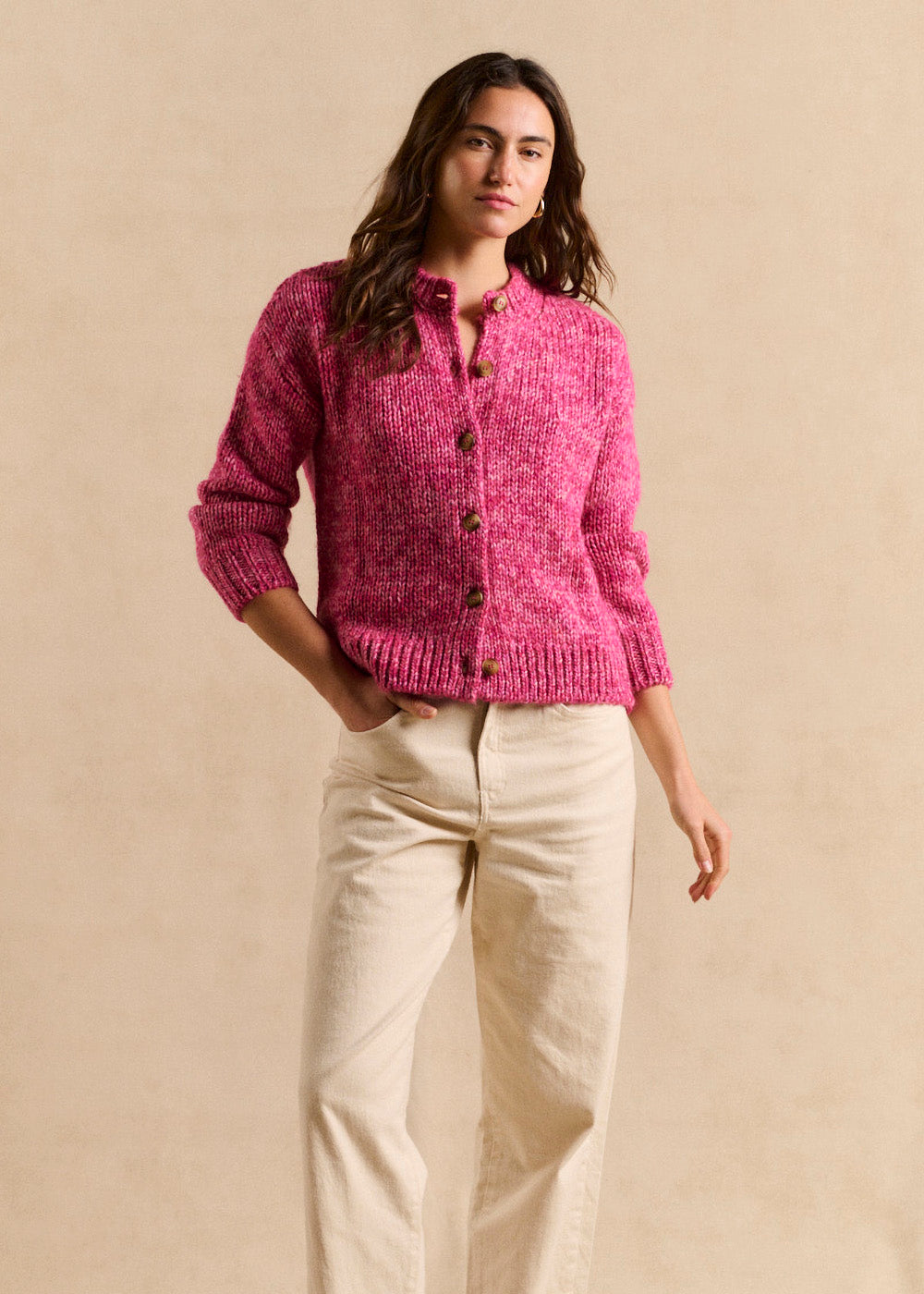 Fitted crew-neck cardigan in flecked knit - Sud Express - 4 - Sud Express
