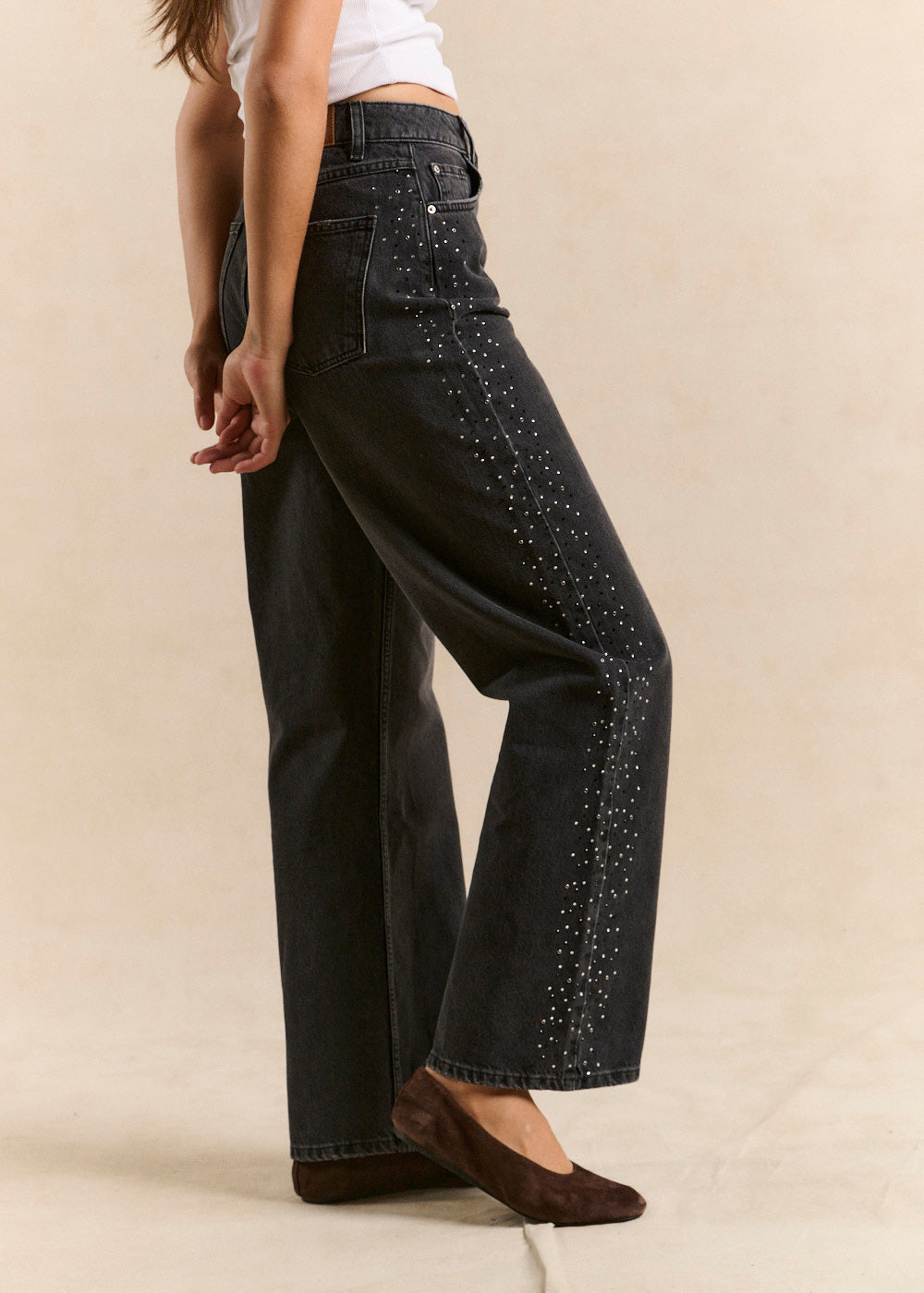 Wide-leg black denim jeans with studs and rhinestones - Sud Express - 1 - Sud Express