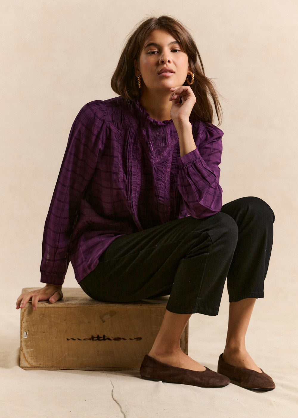 Plaid blouse with embroidered ruffled collar - Sud Express - 4 - Sud Express