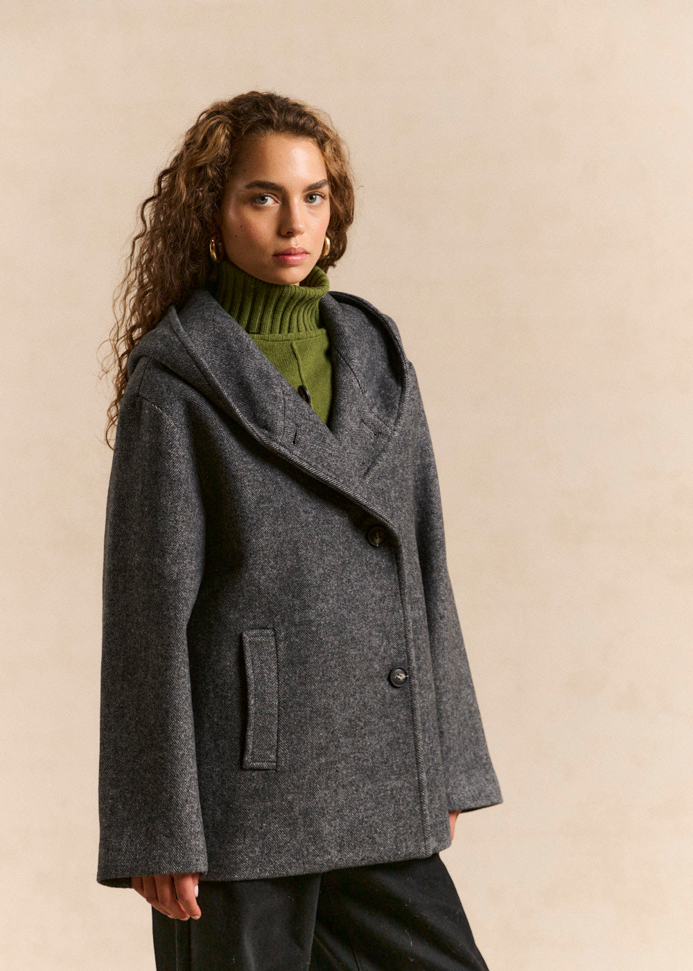 Hooded herringbone wool-blend coat - Sud Express - 4 - Sud Express